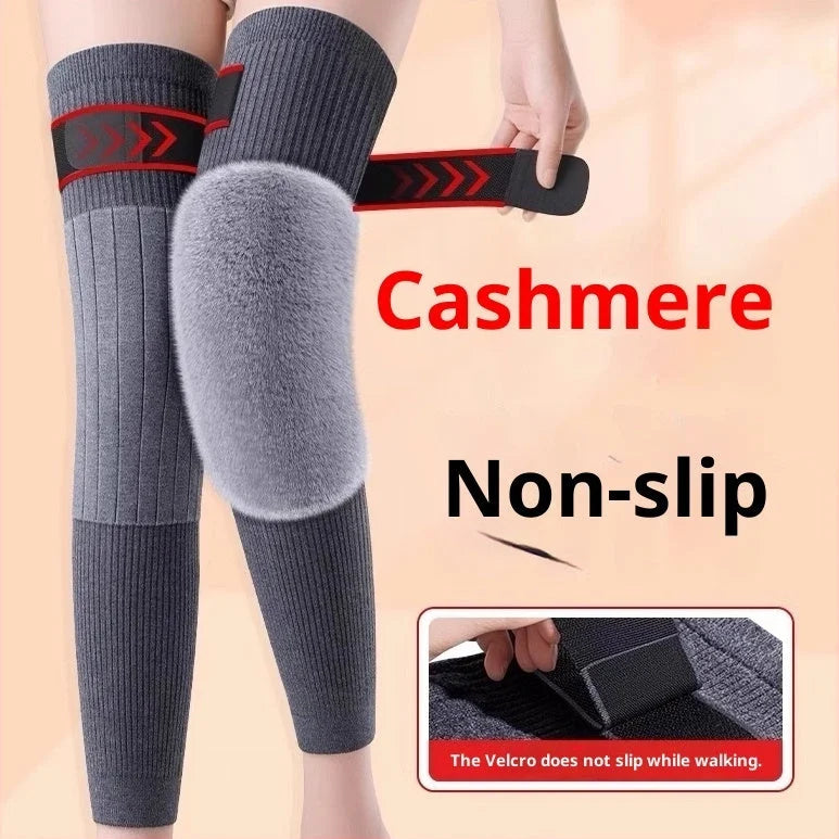 Cashmere knee warmers with plush fleece lining and non-slip velcro straps preventing slippage during walking