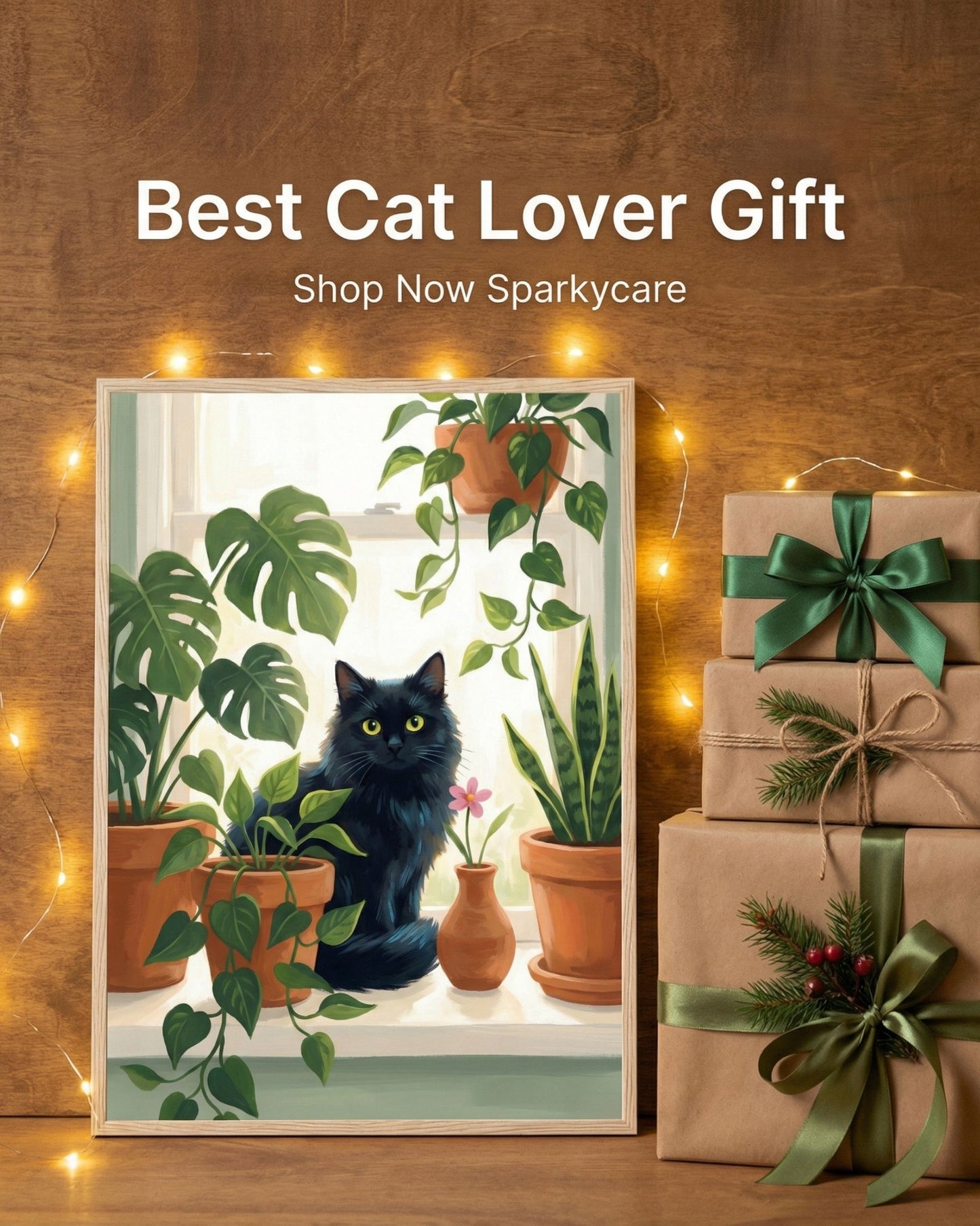 Cat-themed gift with plants and a cat by a window, surrounded by wrapped gifts and string lights.