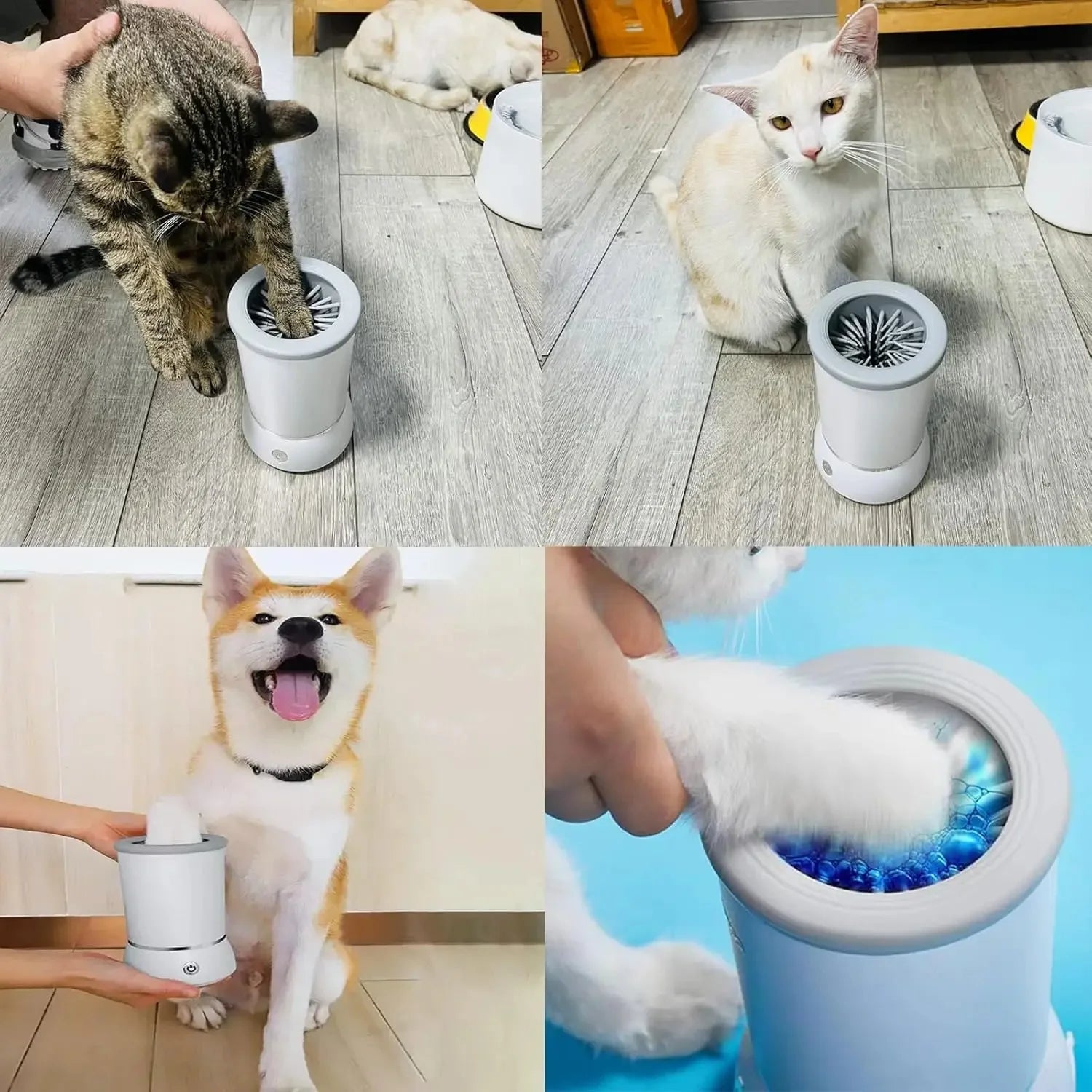 Cat and dog using automatic foot washing cup with electric rotating silicone bristles