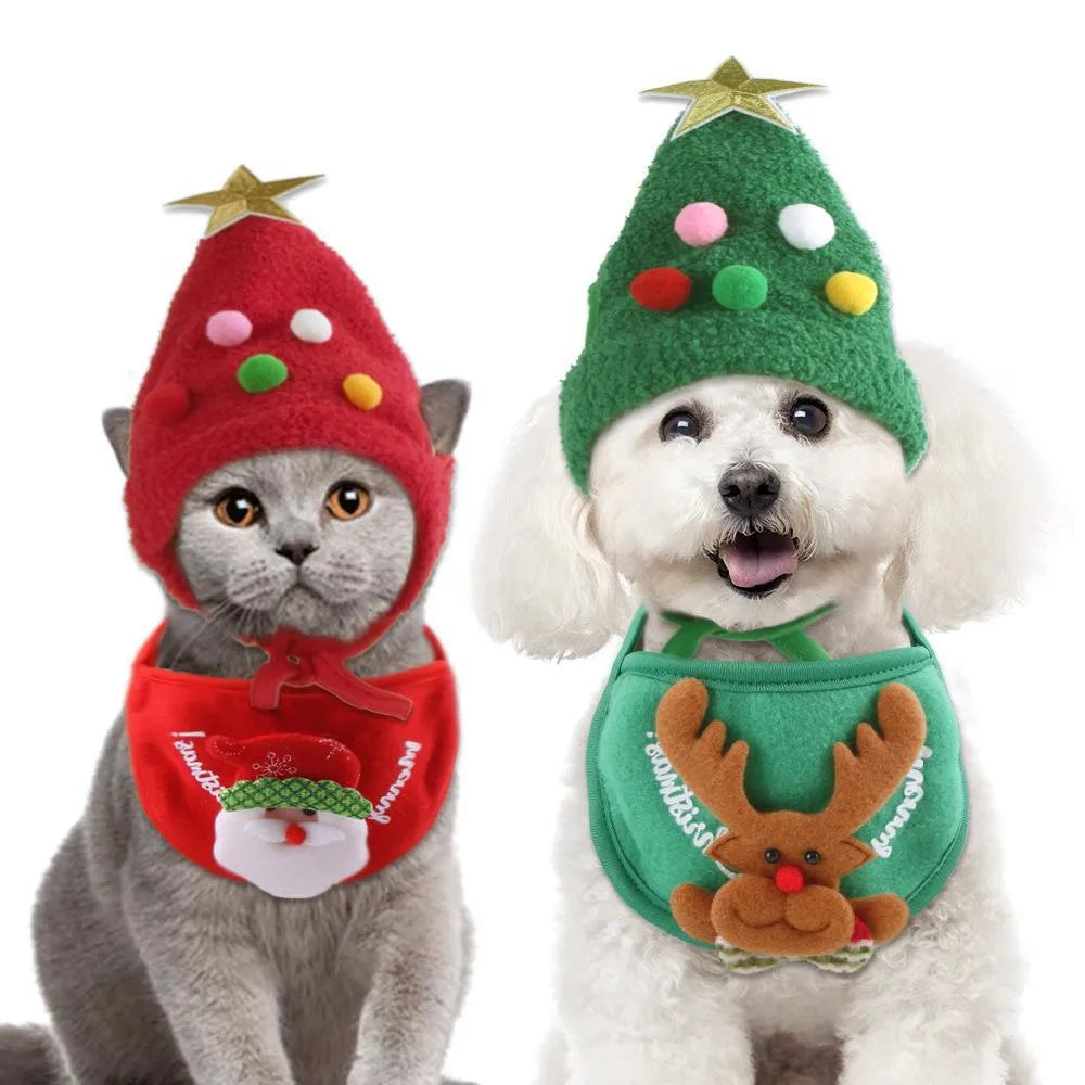Cat and dog wearing Christmas-themed hats and bibs on a white background