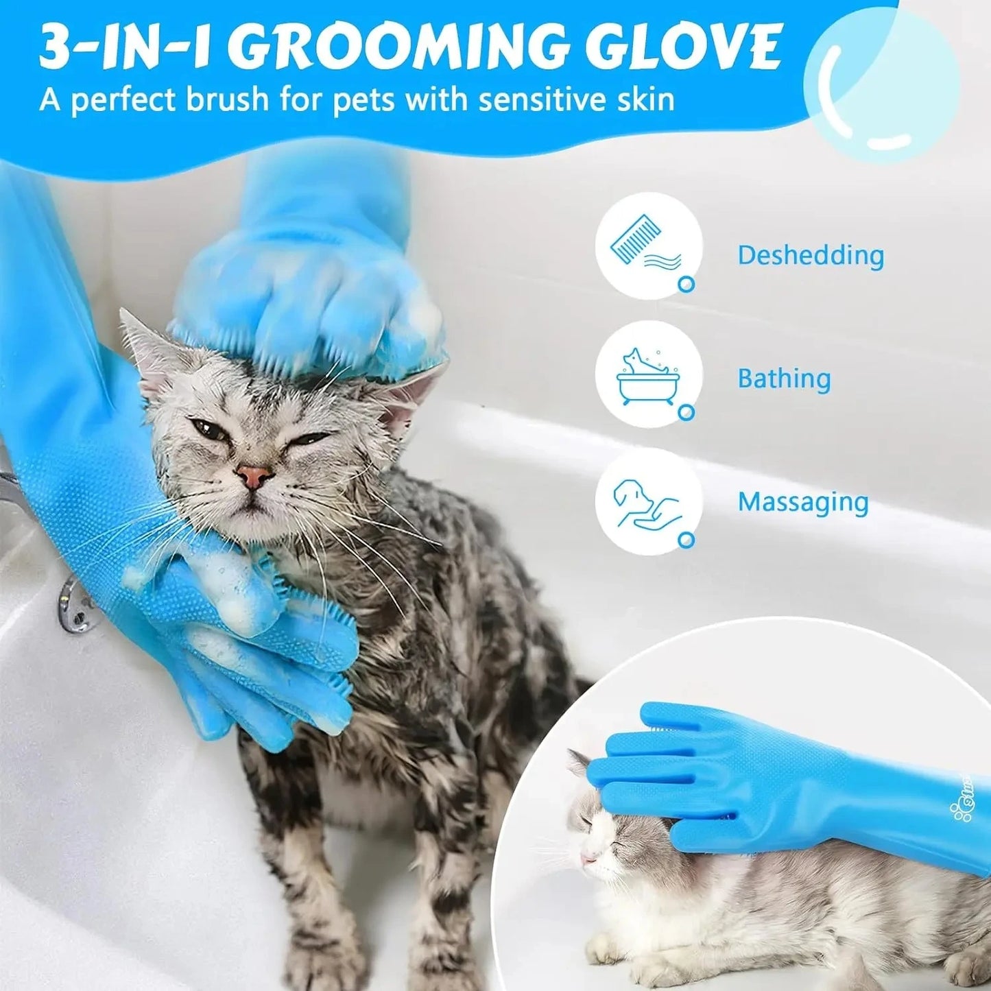 Cat being groomed with silicone gloves showing massage and cleaning action