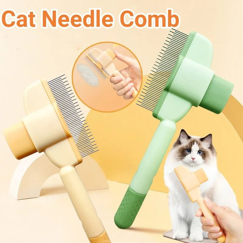 Cat needle comb with a cat and grooming action on a yellow background