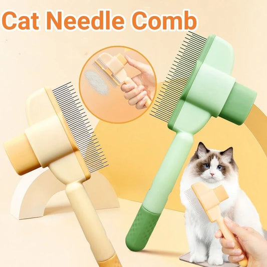 Cat needle comb with a cat and grooming action on a yellow background