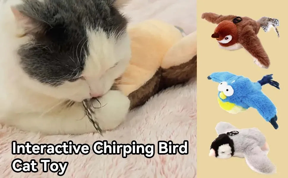 Cat playing with an Interactive Chirping Bird Cat Toy on a soft surface.