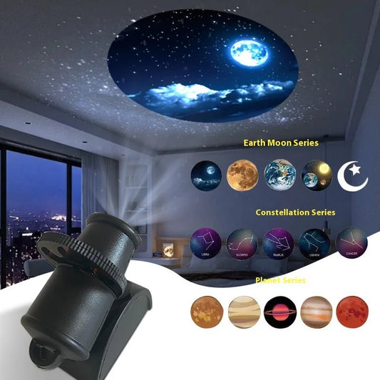 Ceiling starry sky projection showing moon, stars, constellations, and planets