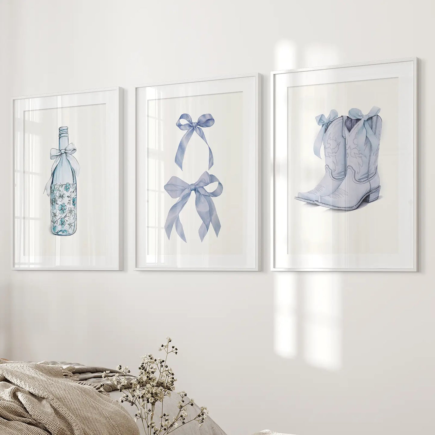 Preppy Blue Western Wall Art Set of 3 Prints Decor