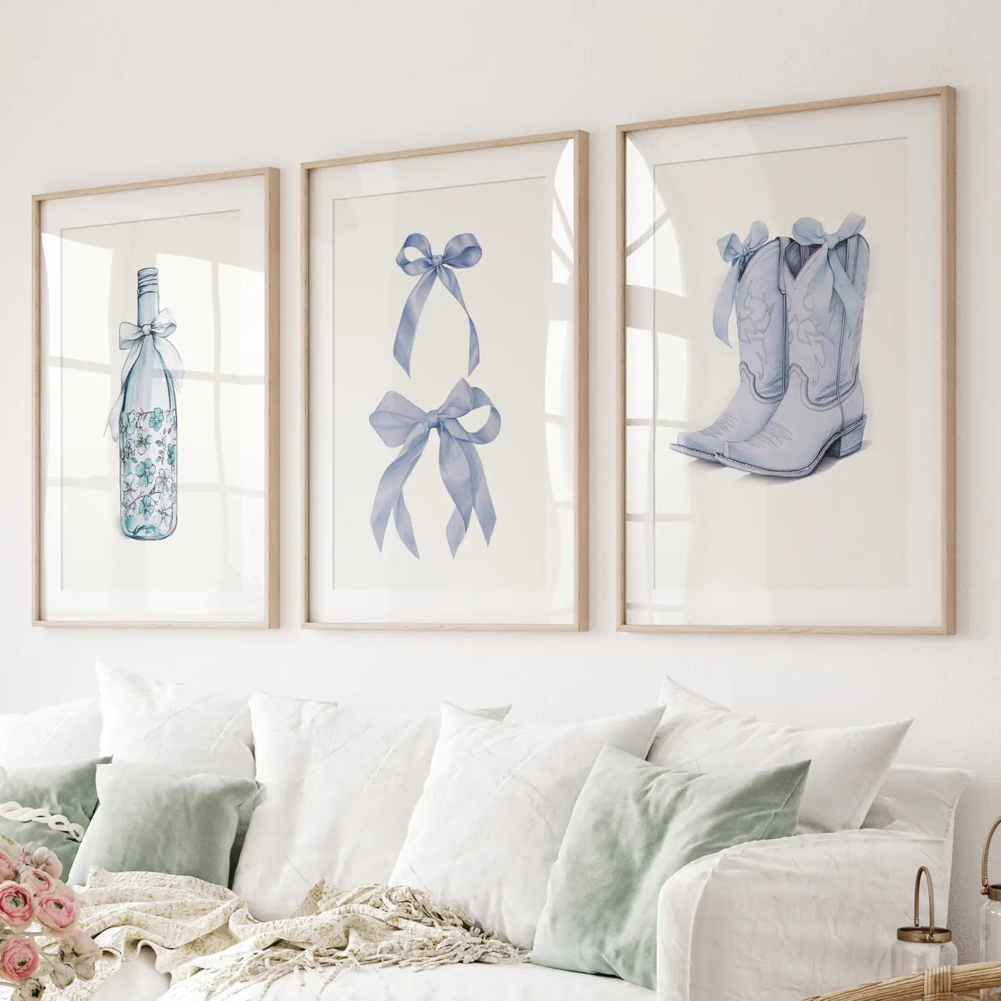 Preppy blue western wall art set of 3 prints with bows and boots