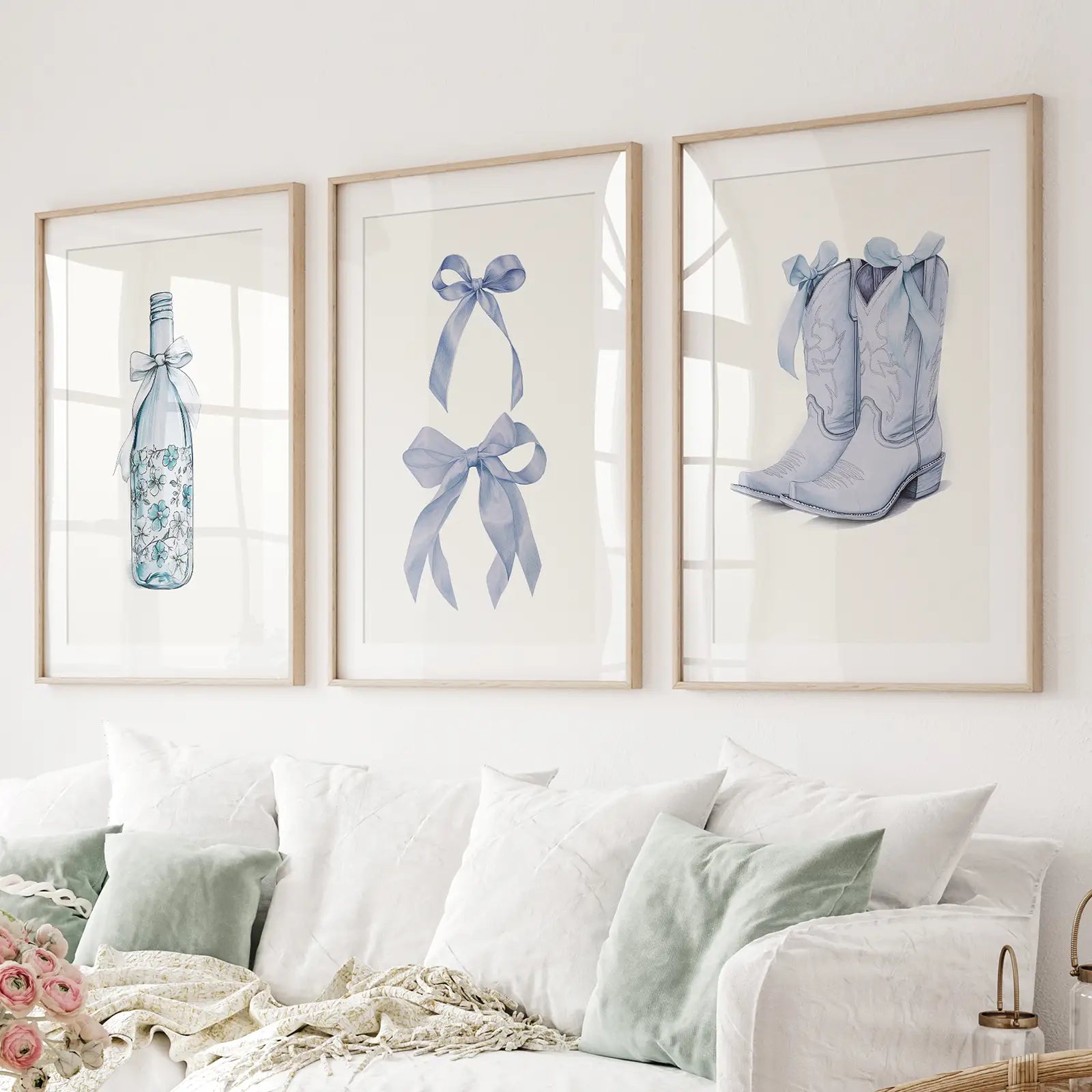 Preppy blue western wall art set of 3 prints with bows and boots