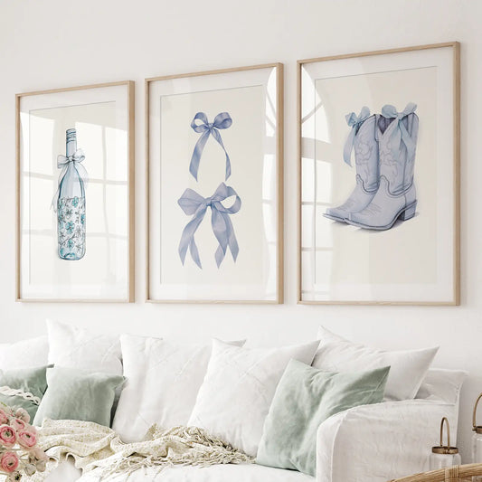 Preppy blue western wall art set of 3 prints with bows and boots