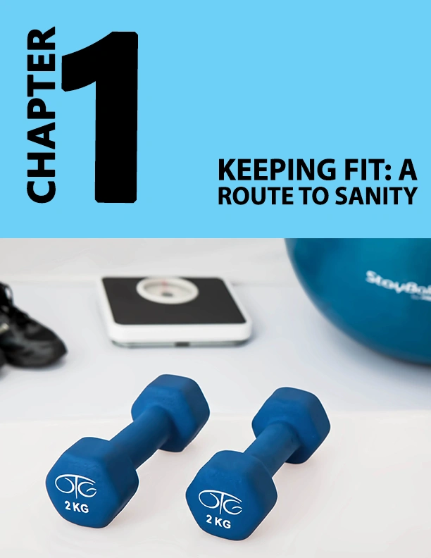 Chapter 1 – Keeping Fit: A Route to Sanity page with dumbbells, scale, and stability ball | The Ultimate Home Workout Plan ebook