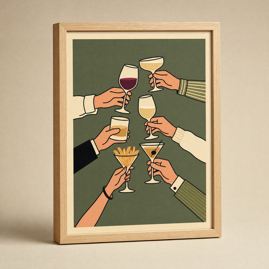 Cheers cocktail toast print in a light wood frame on a plain warm ground, frame depth visible