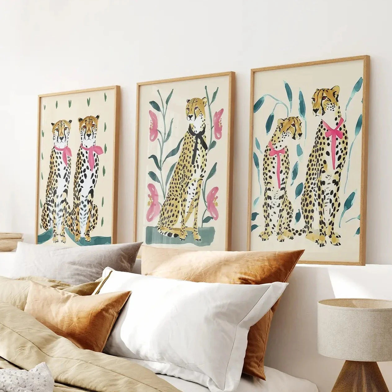 Modern leopard wall art set of 3 beige and pink prints