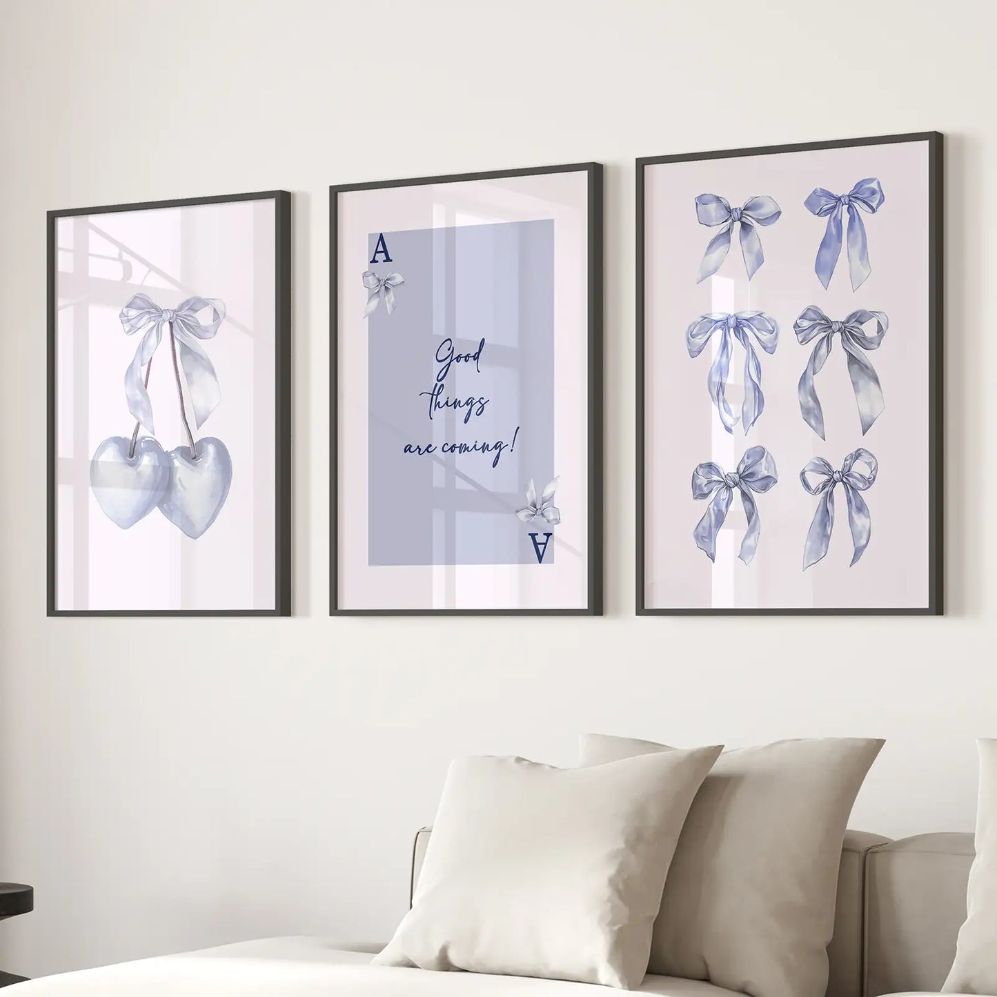 Blue Bows Preppy Girly Wall Art Set of 3 Prints