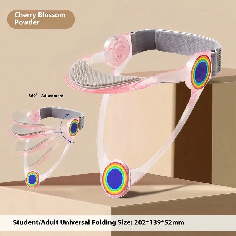 Cherry blossom pink adjustable neck brace with rainbow side accents shown in open and folded positions.