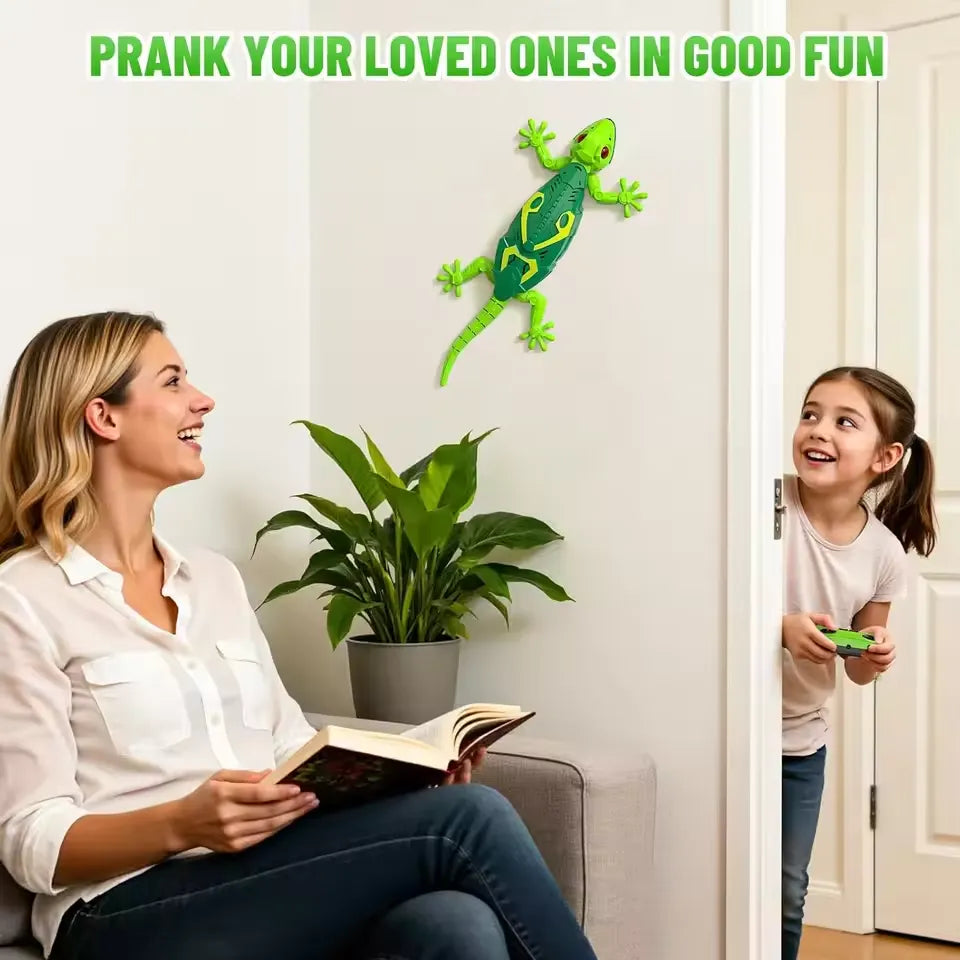 Child playing prank with RC climbing gecko toy on wall while mother watches in living room