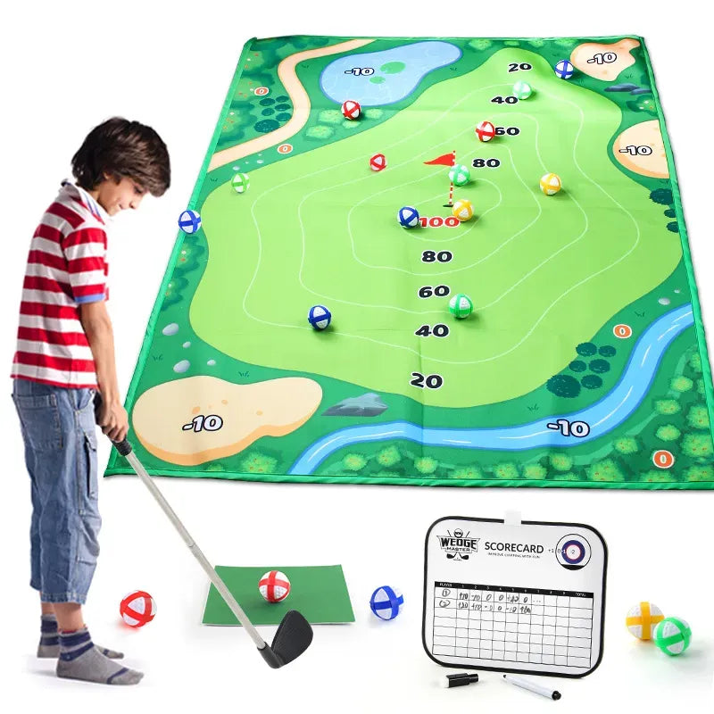 Child playing with a golf game mat and accessories on a white background