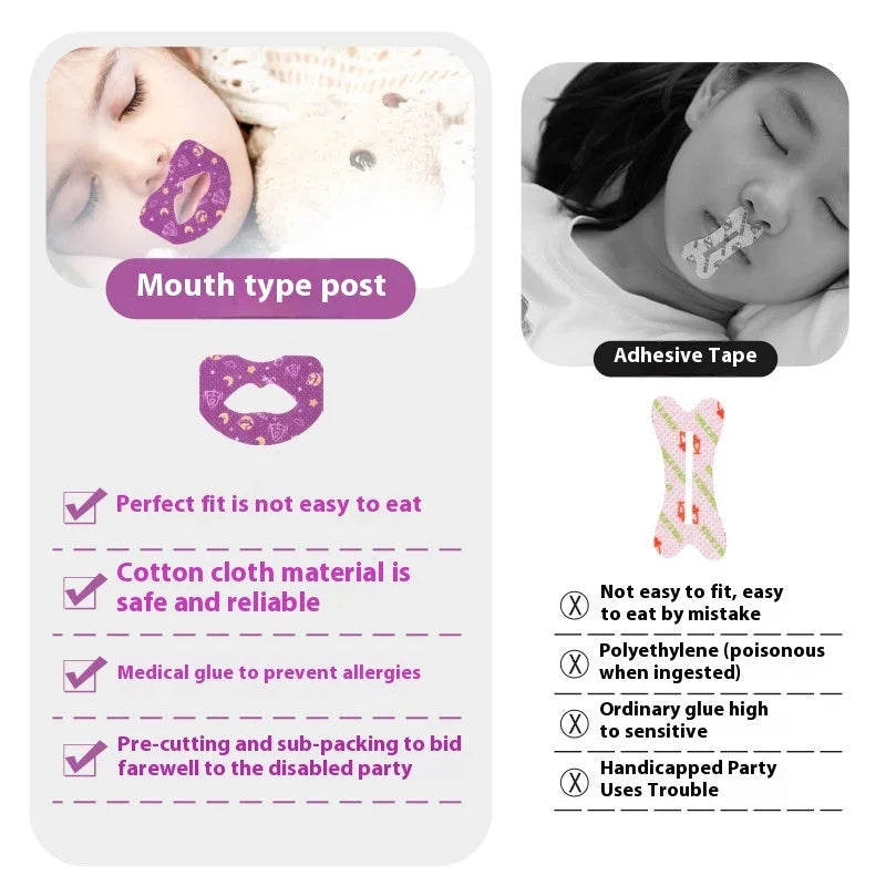 Child sleeping with mouth breathing correction sticker comparison showing safe cotton sleep tape