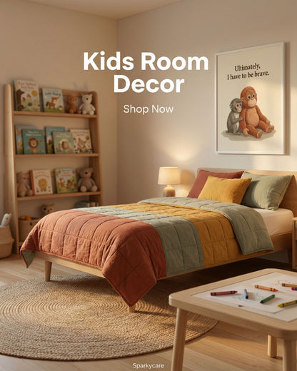 Children's bedroom with a bed, bookshelf, and wall art, featuring 'Kids Room Decor' text.