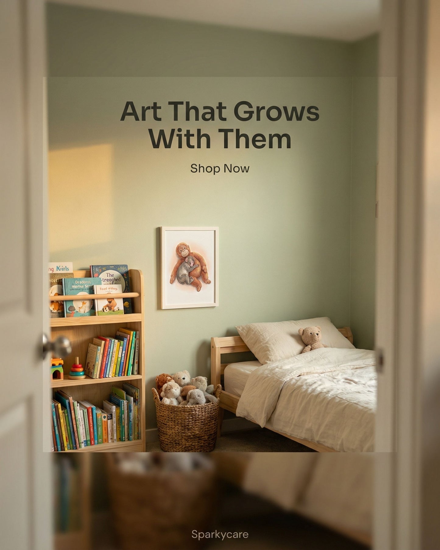 Children's room with books and toys, featuring a wall decal with text 'Art That Grows With Them'.