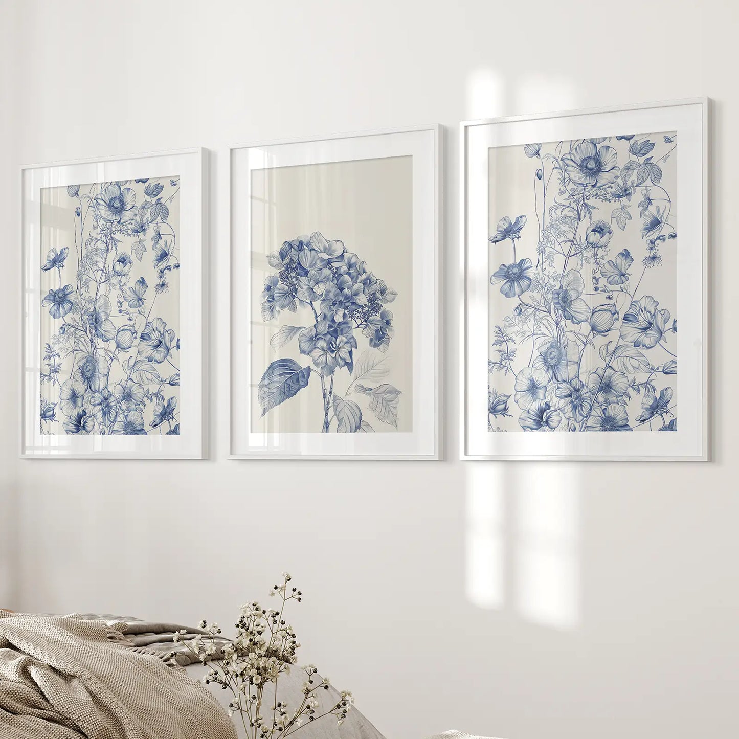 Chinoiserie Blue Flowers Watercolor Wall Art Set of 3