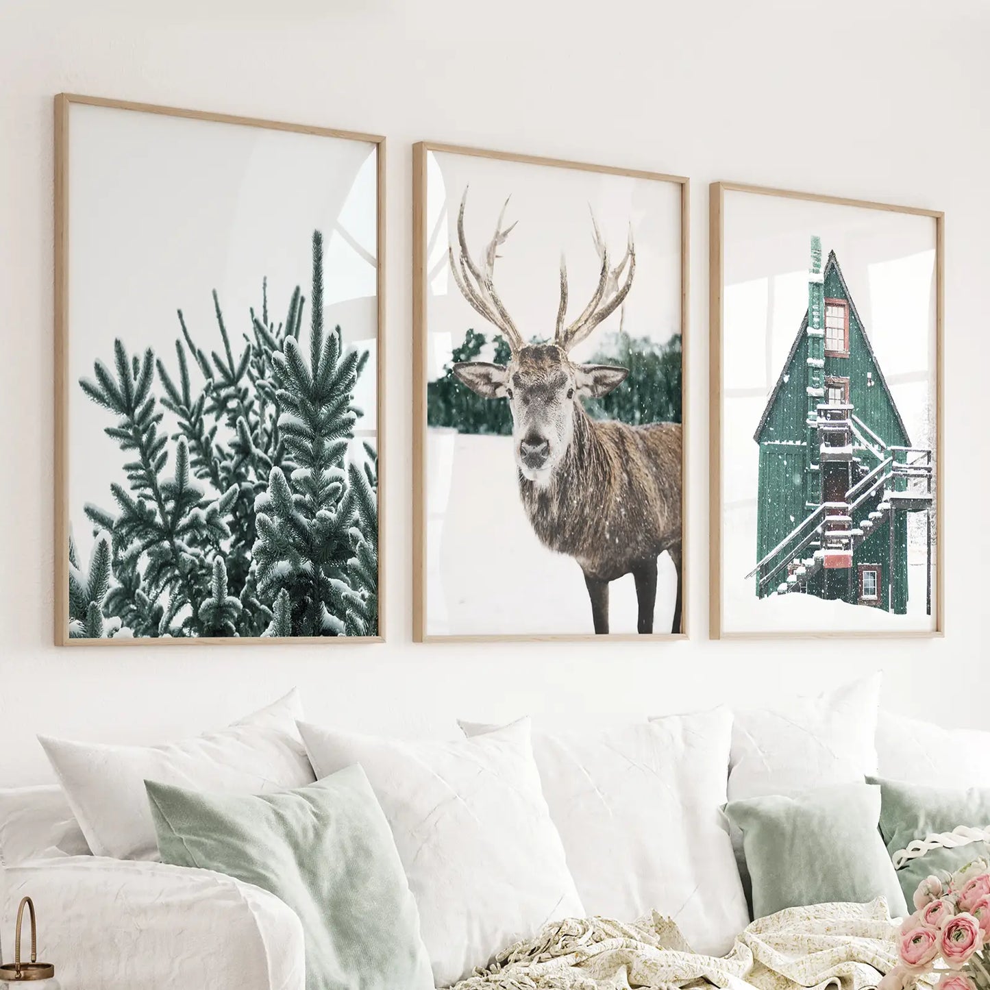 Set of 3 rustic Christmas wall art prints with reindeer green log cabin and spruce