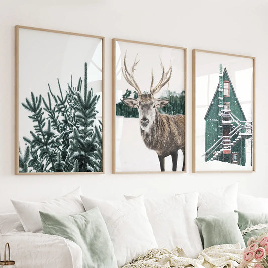 Set of 3 rustic Christmas wall art prints with reindeer green log cabin and spruce