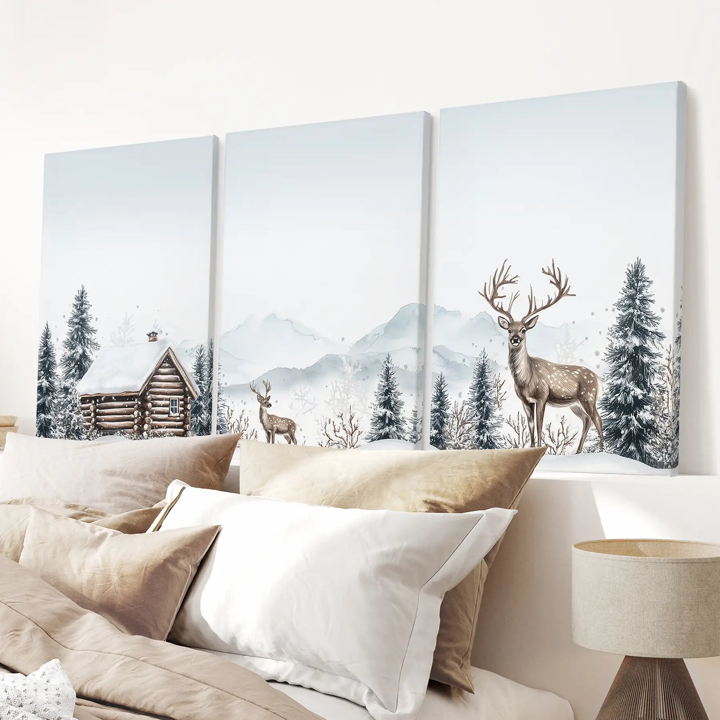 Snowy Deer Winter Wall Art, Woodland 3 Piece Set