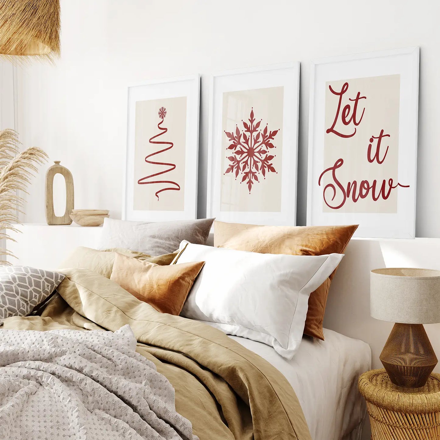 Christmas Tree Snowflake Wall Art Set of 3, Holiday Prints