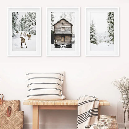 Christmas Forest Wall Art Set of 3 Reindeer Prints