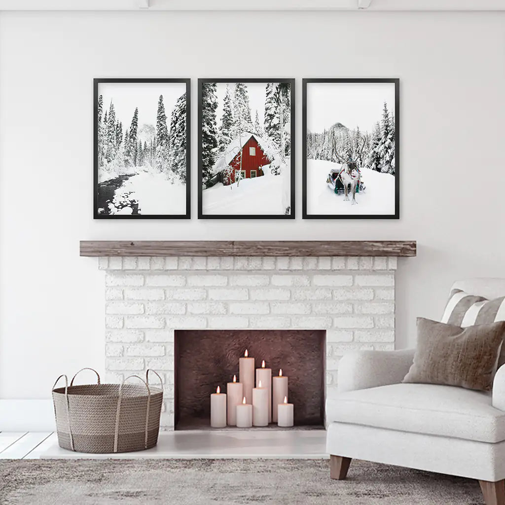Christmas Deer Wall Art Set of 3 Winter Prints