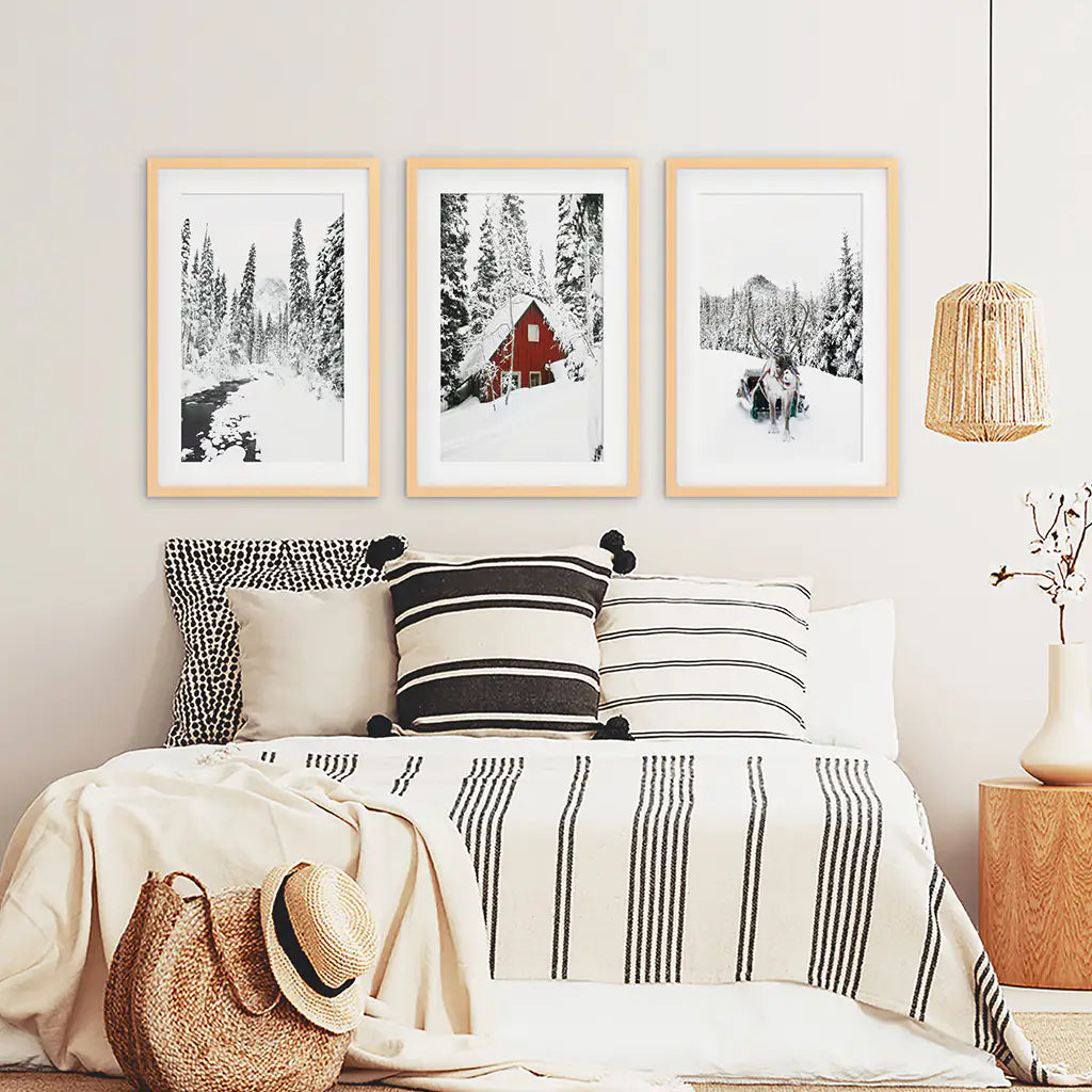 Christmas Deer Wall Art Set of 3 Winter Prints