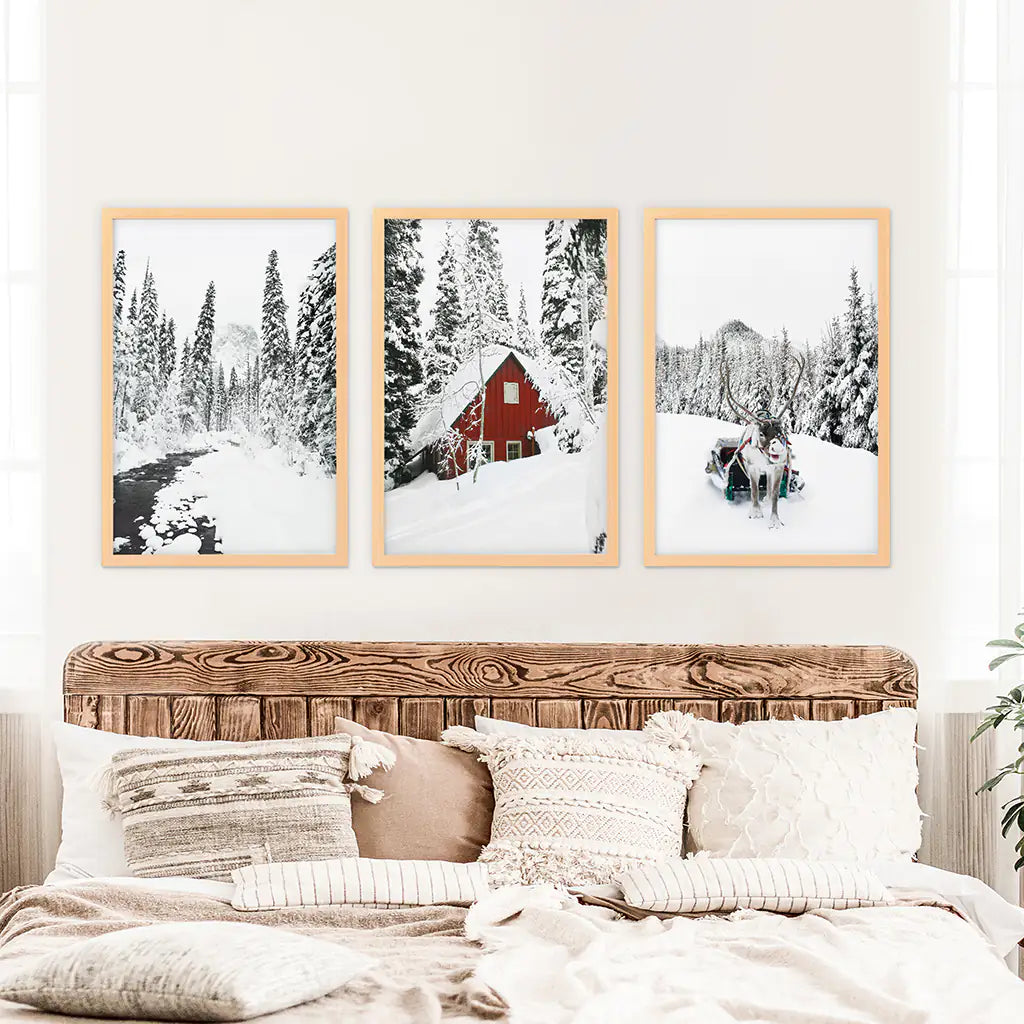 Christmas Deer Wall Art Set of 3 Winter Prints