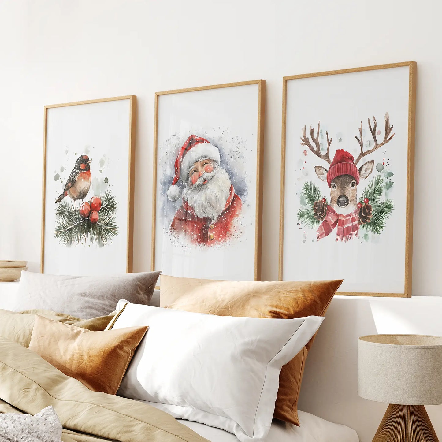 Set of 3 Santa reindeer holiday Christmas wall art prints