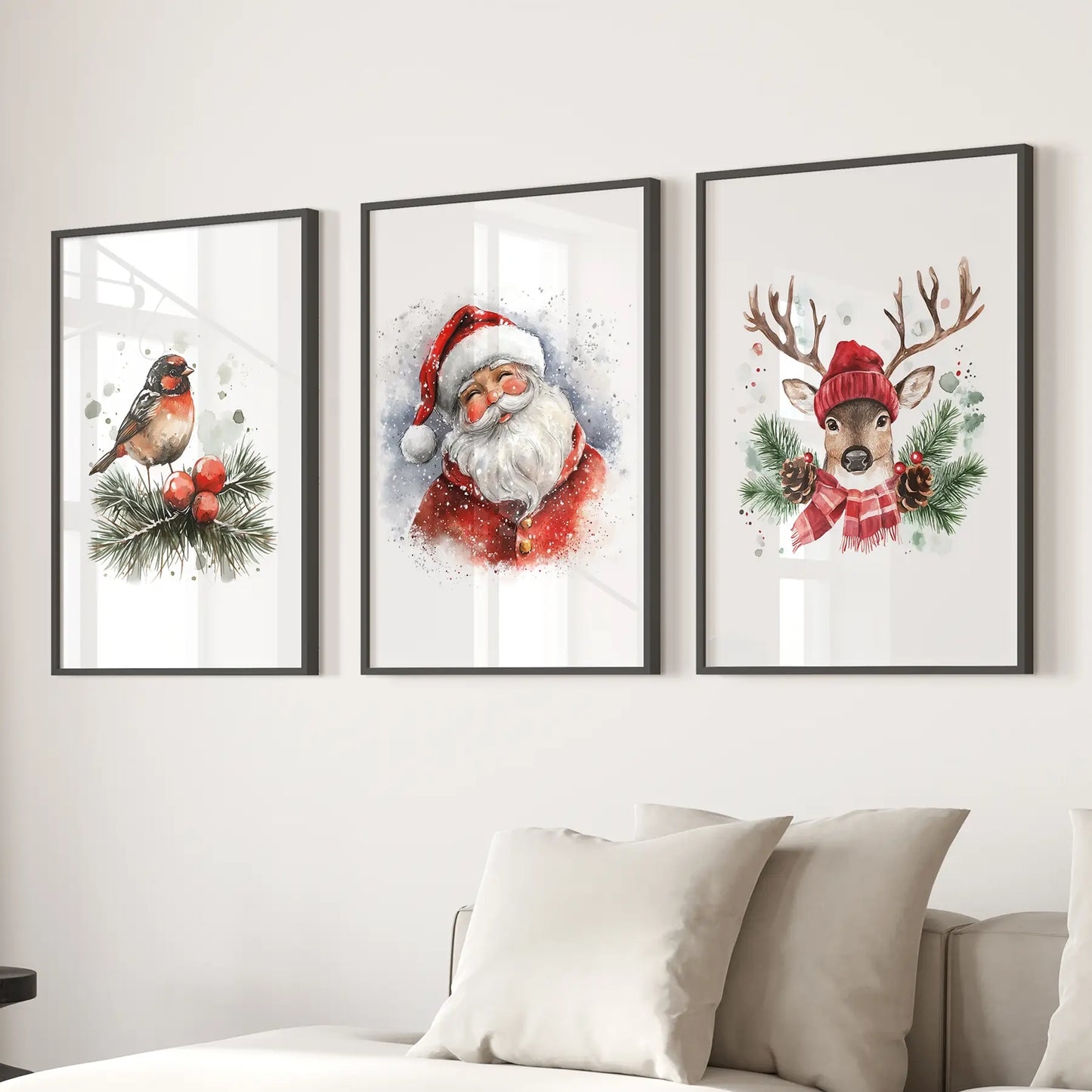 Christmas Print Set of 3 Santa Reindeer Holiday Wall Art
