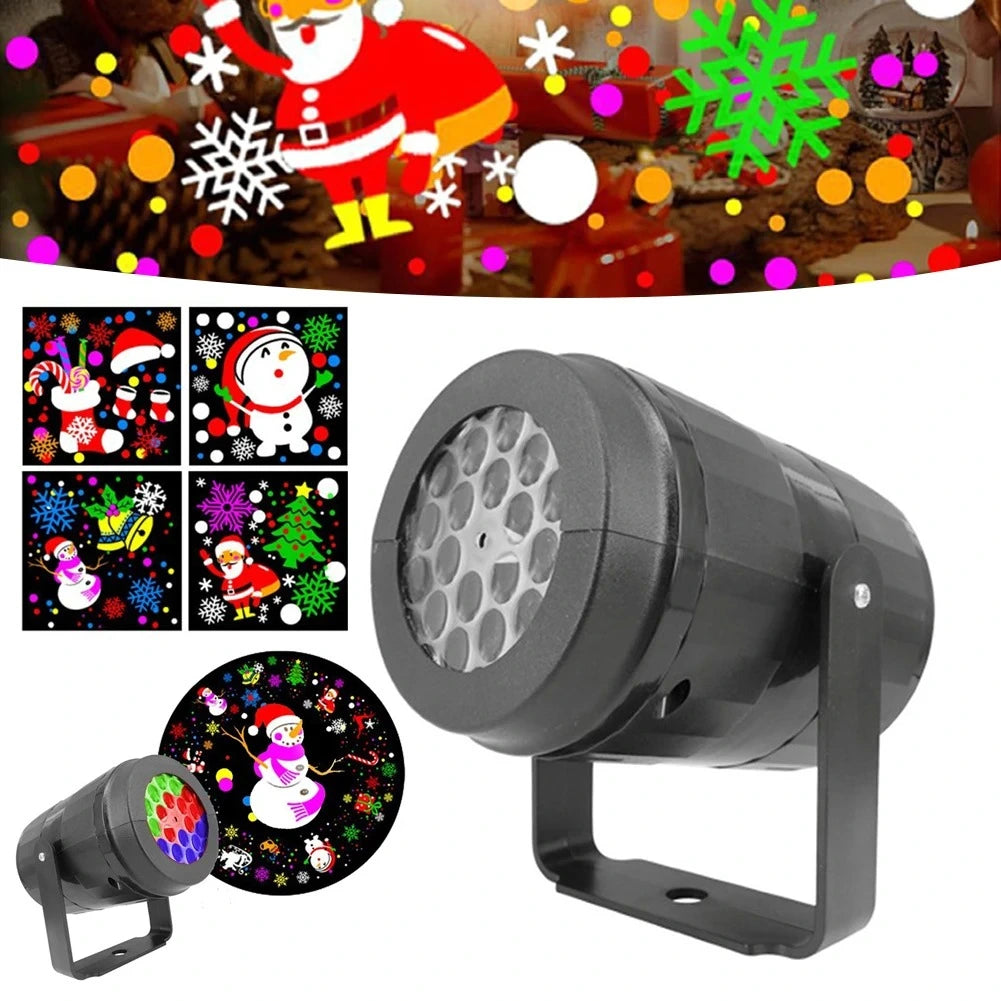 Christmas-themed light projector with decorative patterns and colorful lights.