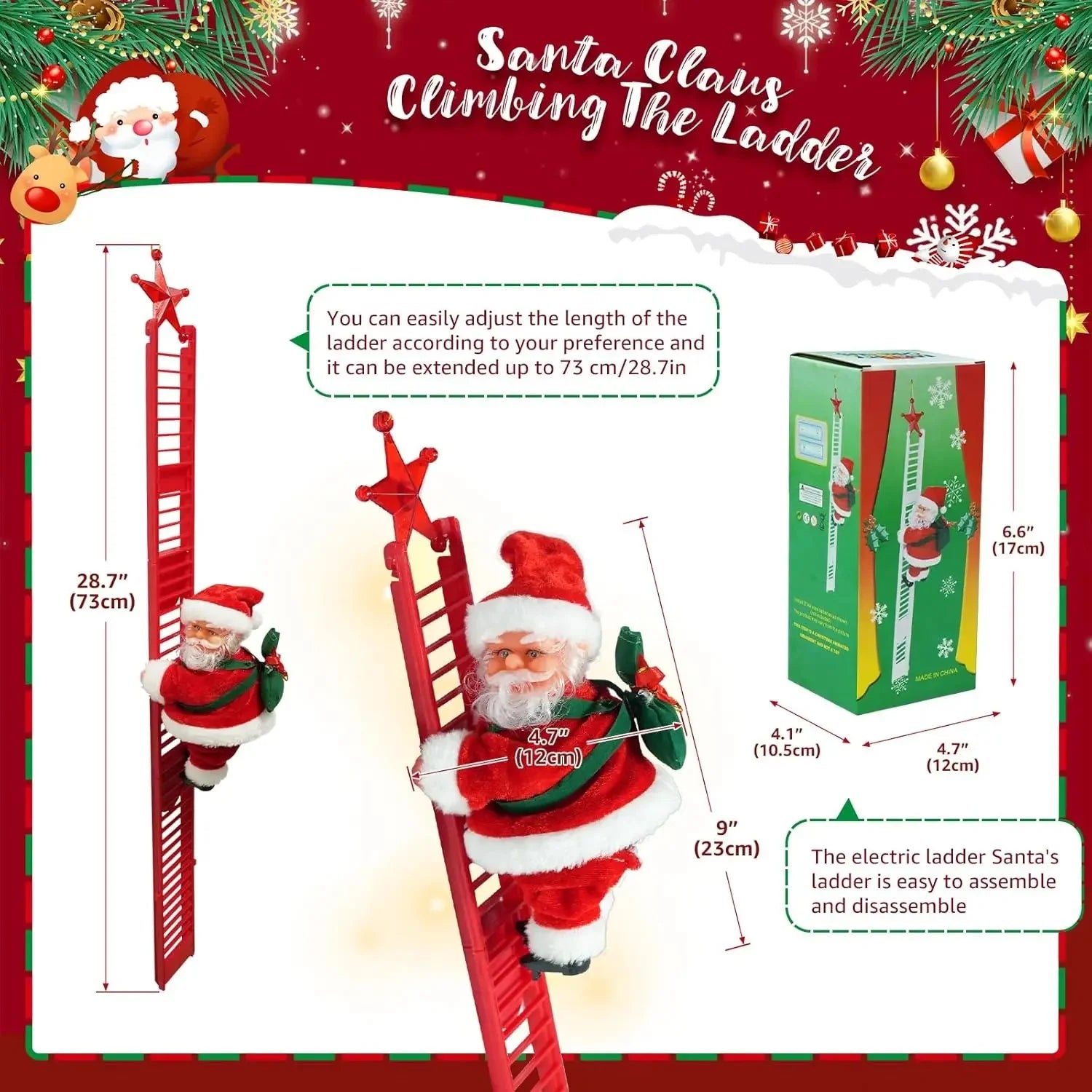 Christmas santa climbing ladder size chart measurements in centimeters and inches