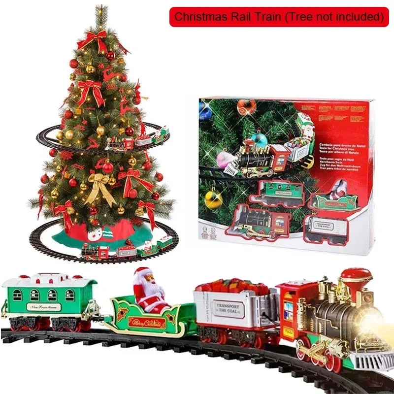 Christmas train hung on tree branches using clamp system with lit locomotive and sound effects