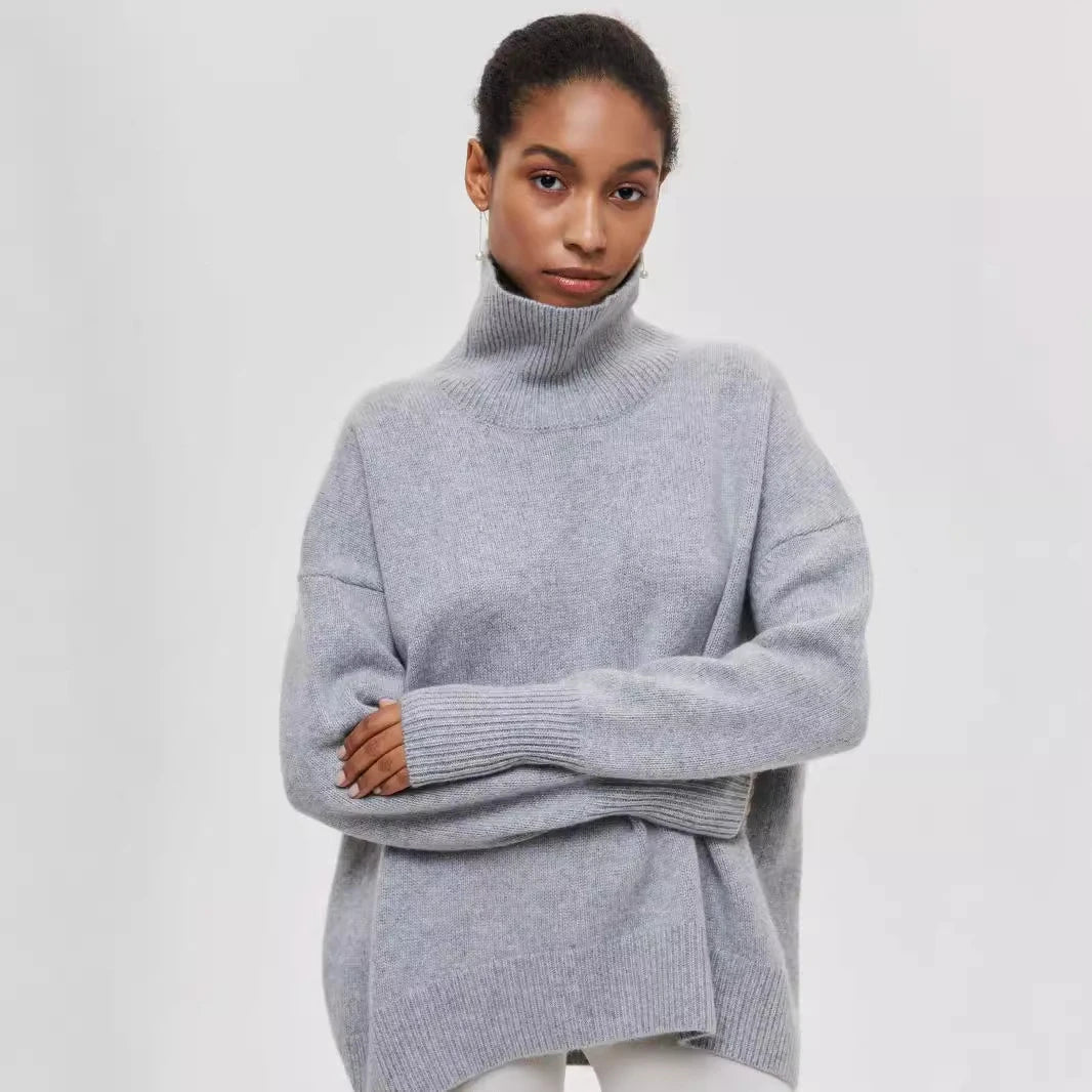 Chunky turtleneck sweater grey oversized pullover knit women relaxed fit