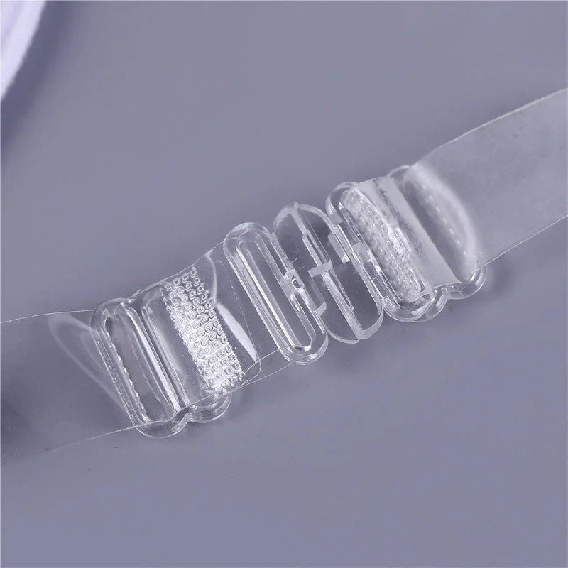 Clear TPU bra strap connector showing durable transparent material and adjustable buckle mechanism