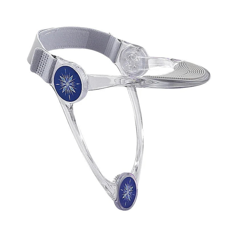 Clear adjustable neck brace with blue star-pattern joints shown against a plain background.