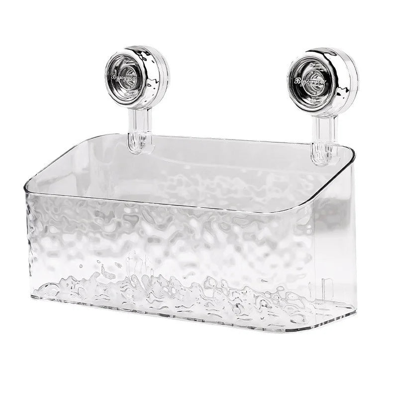 Clear suction cup bathroom shelf with glacier ripple pattern and rotating lock mechanism