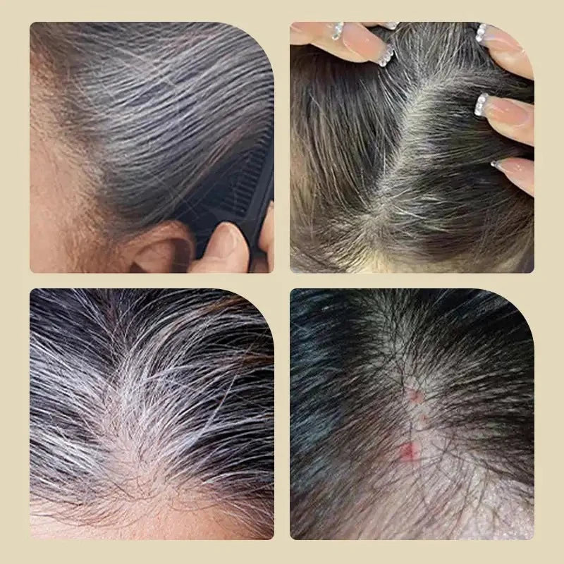 Close-up gray hair roots before and after using instant hair dye comb showing complete coverage results