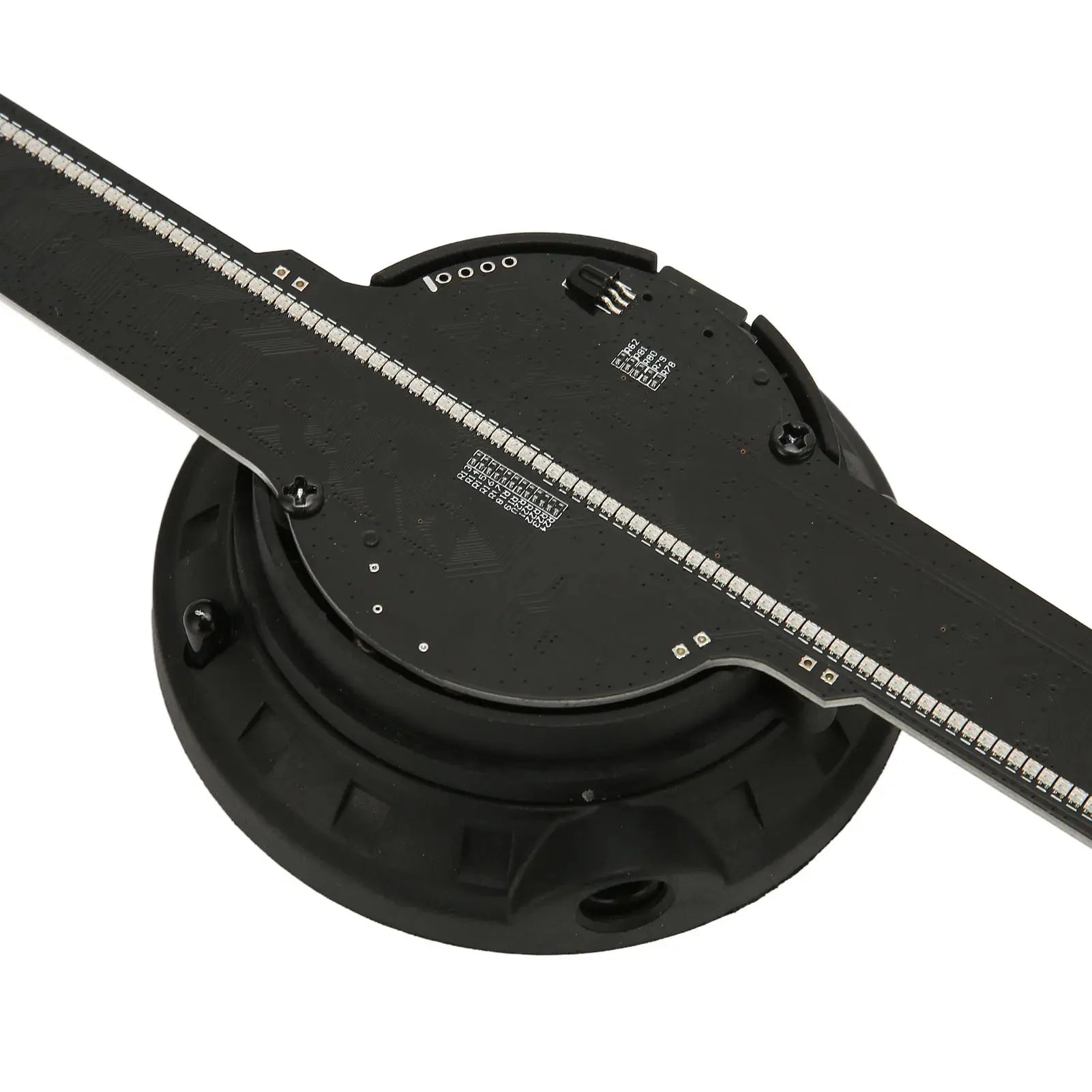 Close-up of LED blade technology with measurement markings for 3D hologram projector