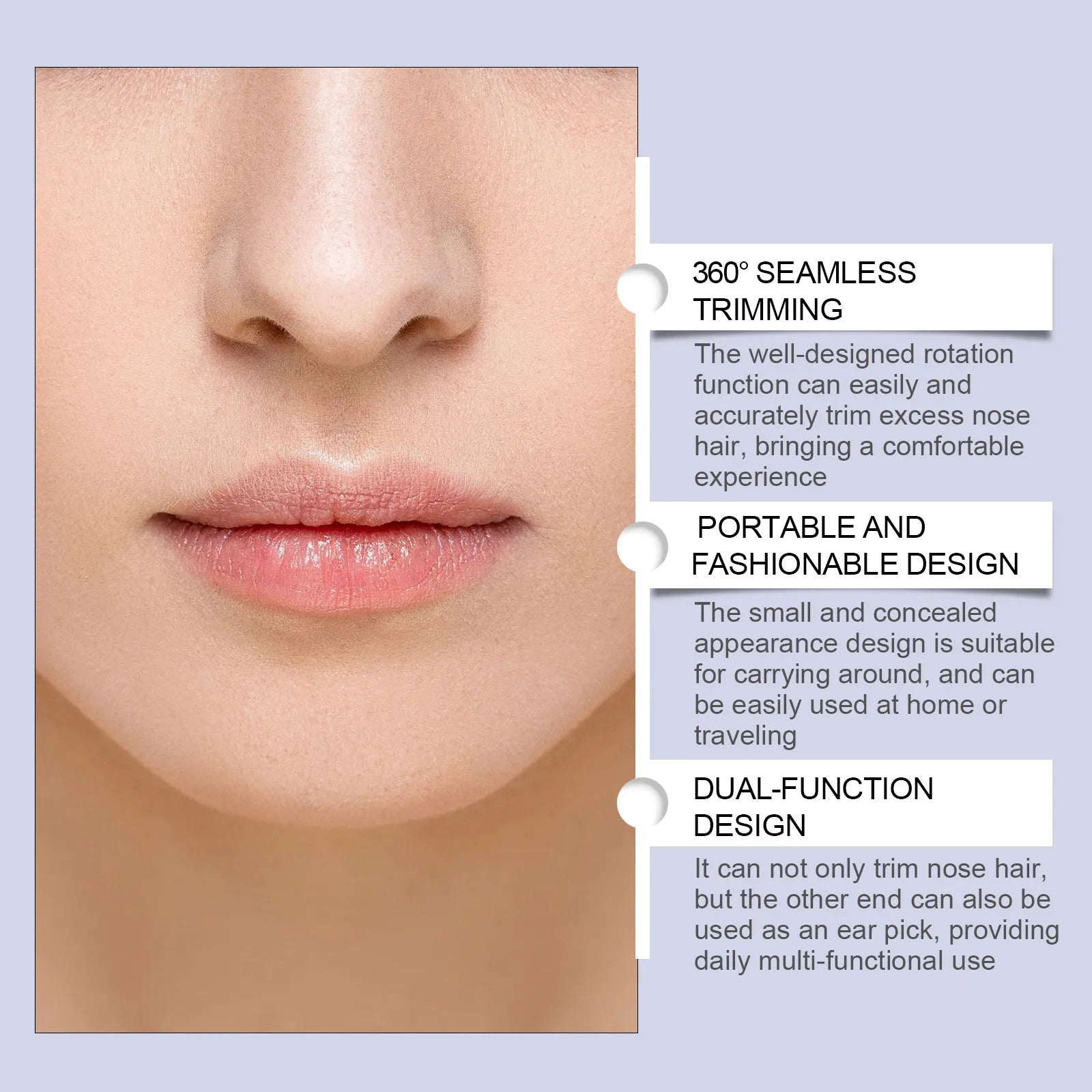 Close-up of a person's face with text highlighting features of a nose hair trimming tool.