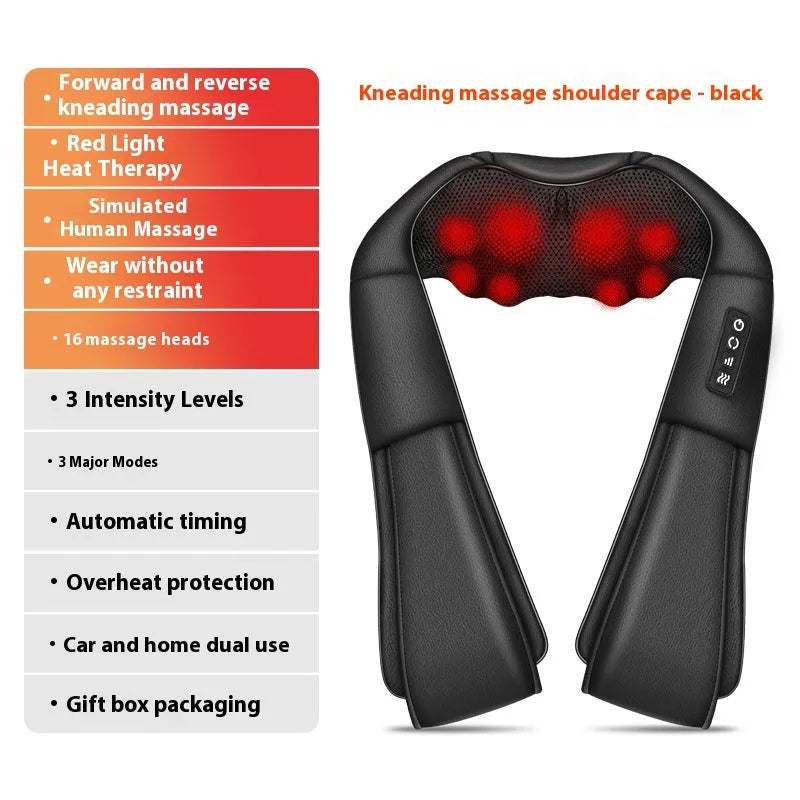 Close-up of black neck massager highlighting kneading massage heads and heat function