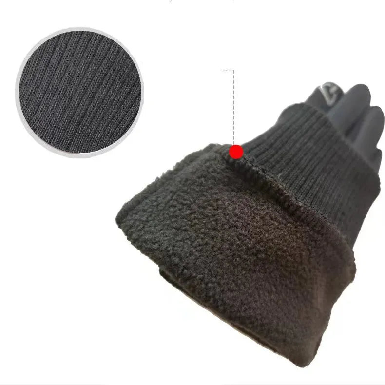 Close-up of black plush-lined warm riding glove with soft inner fleece texture.