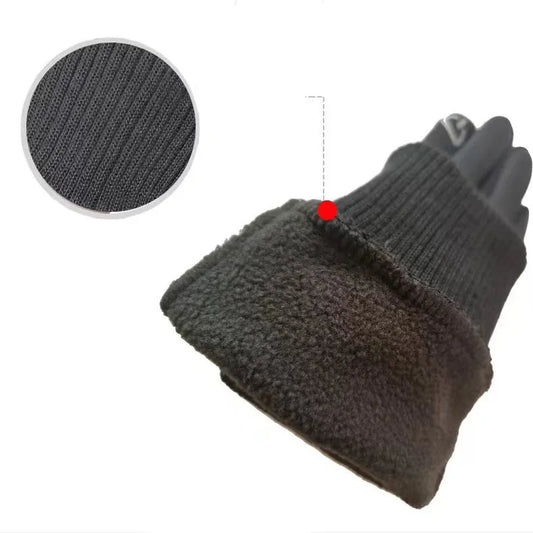 Close-up of black plush-lined warm riding glove with soft inner fleece texture.