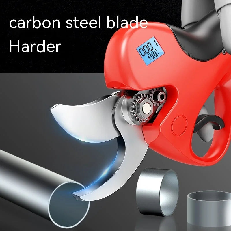 Close-up of electric pruning shears showing sharp carbon steel blade with digital display and precision cutting mechanism