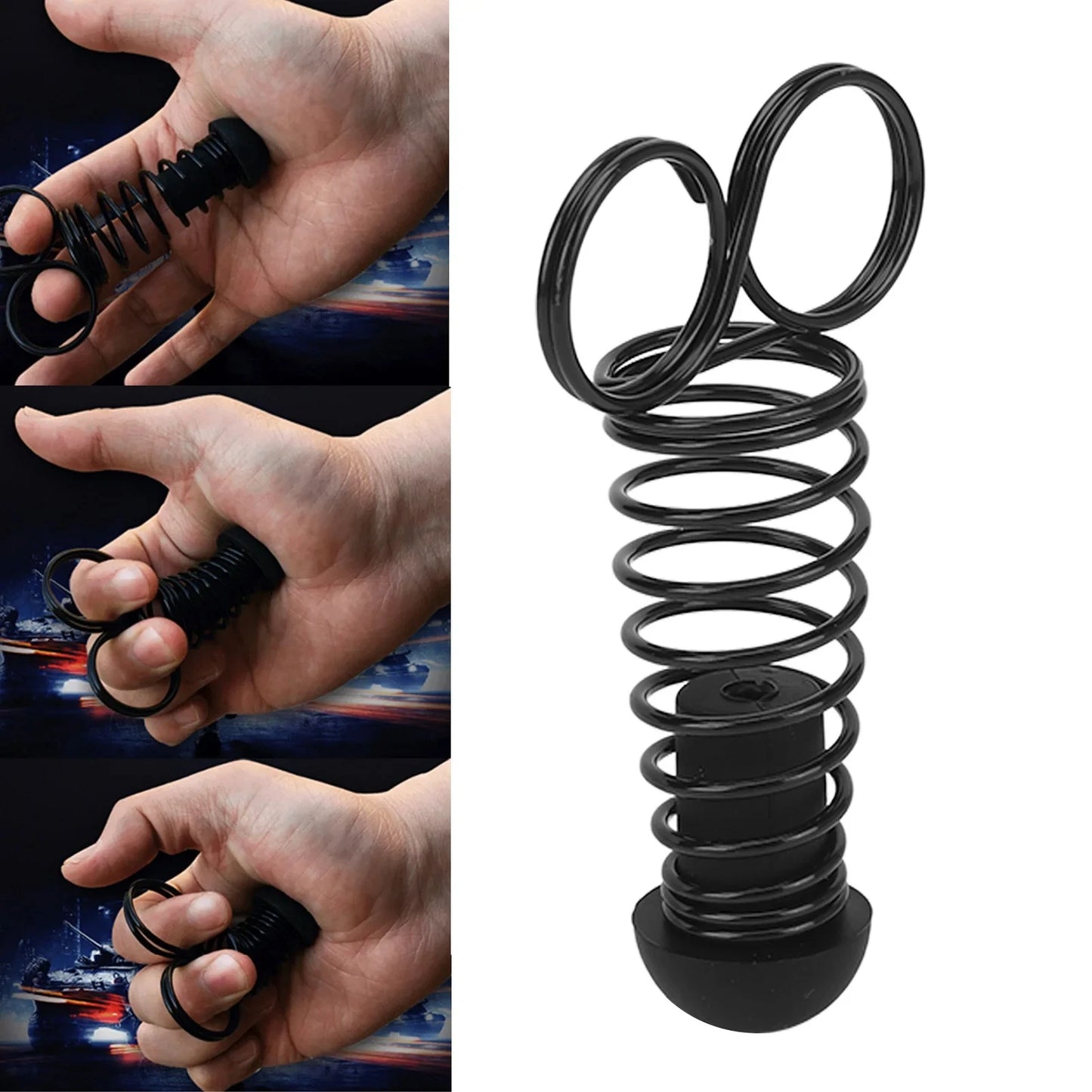 Close-up of finger grip trainer spring mechanism and silicone comfort grips