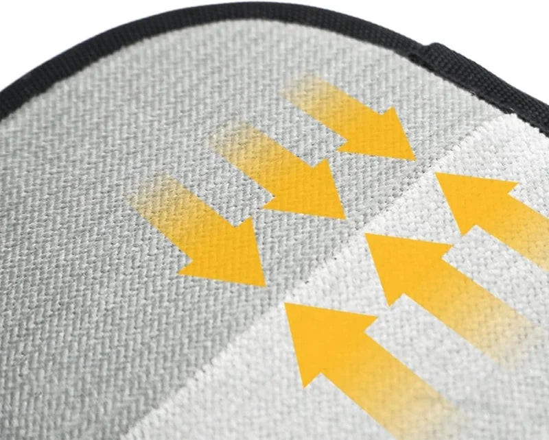 Close-up of grey electrostatic fabric panel with yellow arrows illustrating hair-lifting direction.